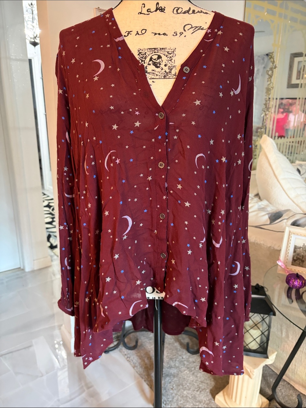 Free People Burgundy Moon & Star Button-Down Top